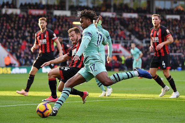 Alex Iwobi tries to fizzle in a low cross against Bournemouth