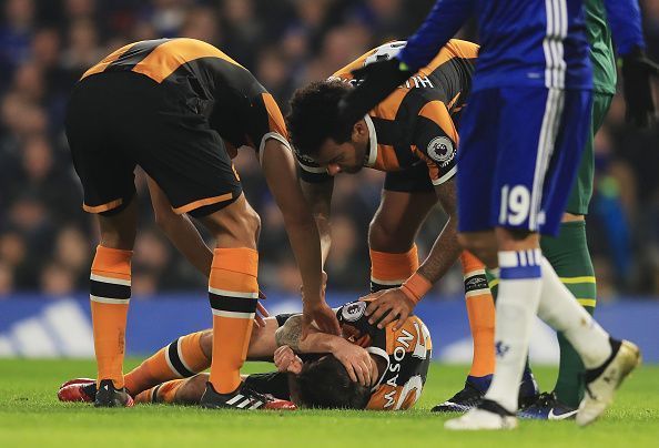 Ryan Mason suffered a horrific head injury in a Premier League clash with Chelsea