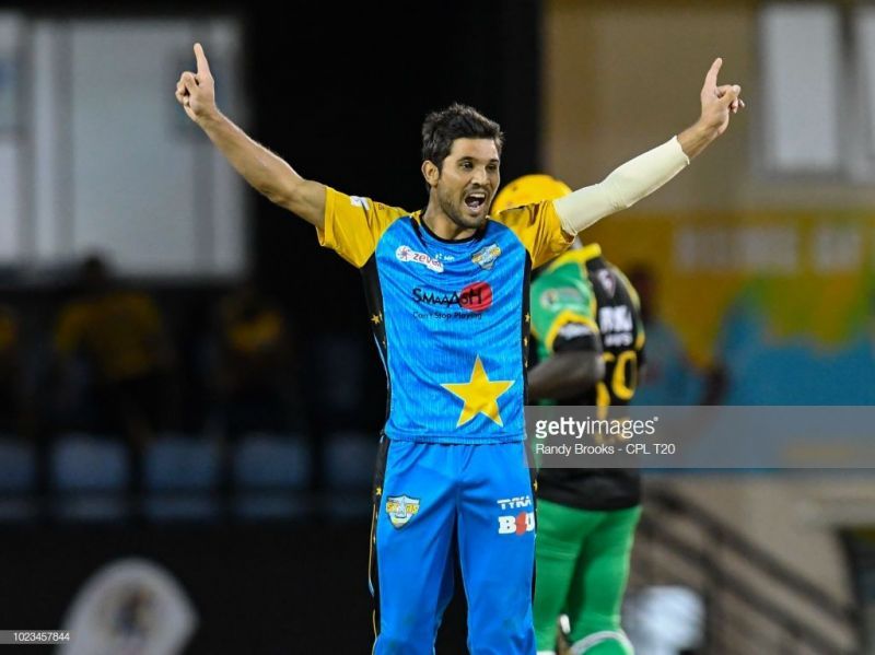 Qais Ahamed celebrates in the Caribbean Premier League