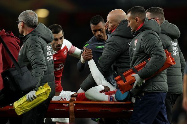 Danny Welbeck being stretched off in the UEFA Europa League versus Sporting CP