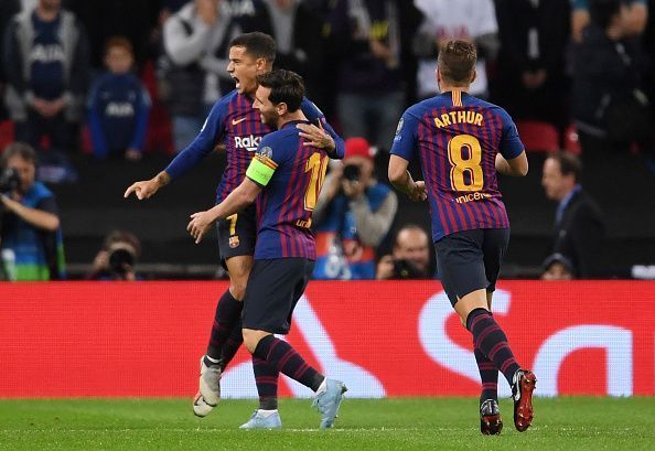 Barcelona superstars - Philippe Coutinho, Lionel Messi, and Arthur Melo