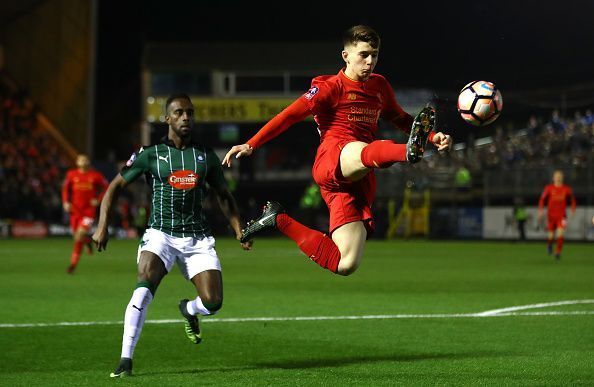 Ben Woodburn in action during the Plymouth Argyle v Liverpool match