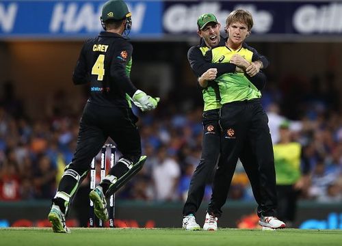 Adam Zampa celebrating after taking a wicket.