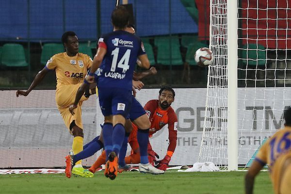 Karanjit Singh looks on as Modou Sougou scores the goal on second attempt [Image: ISL]