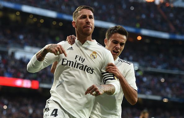 Real Madrid&#039;s Sergio Ramos celebrates his goal on Saturday