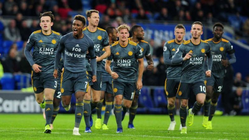 Demarai Gray leads his teammates in celebration