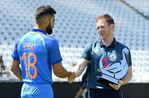 Virat Kohli and Eoin Morgan during the ODI series earlier this year