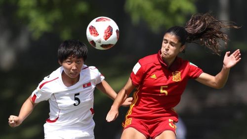 Ri Kum-Hyang from North Korea and Spain's Jana FernÃ¡ndez on the right in action (Image Courtesy: FIFA)