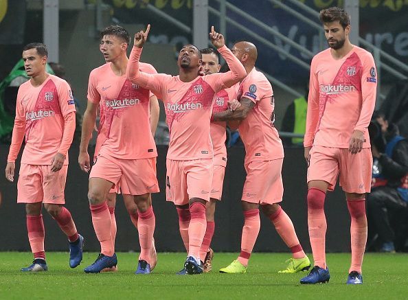Malcom celebrating his first goal for FC Barcelona
