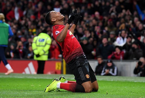 Martial celebrating his goal against Everton