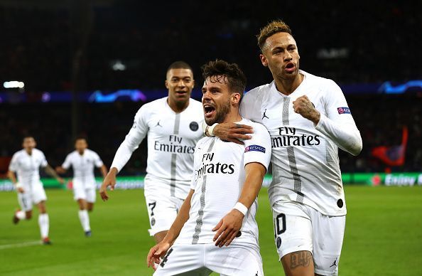 Neymar and Mbappe wheel away to celebrate Bernat&#039;s opening goal during their 2-1 win over Liverpool