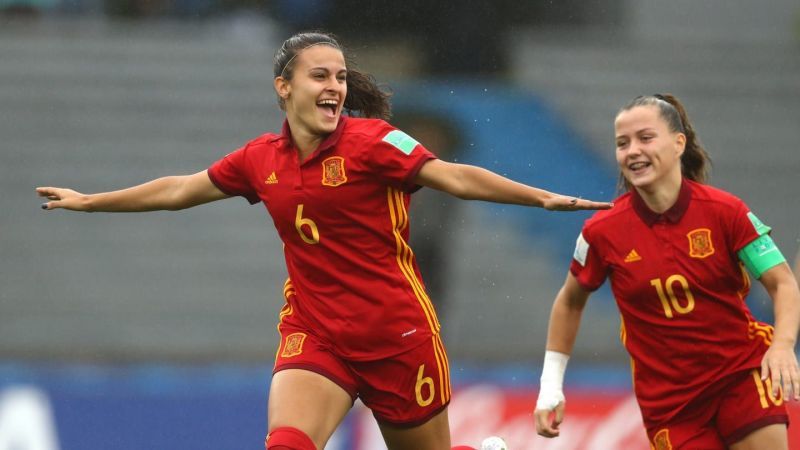 Spanish goalscorers No 6 Irene L&Atilde;&sup3;pez and No 10 Cl&Atilde;&nbsp;udia Pina Image Courtesy: FIFA)