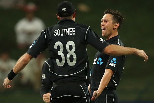 Tim Southee congratulates Trent Boult after his hat-trick