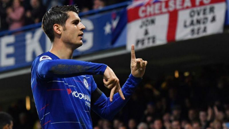 Alvaro Morata celebrates scoring against Crystal Palace. He scored two on the night.