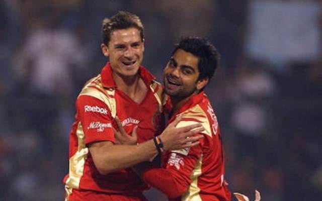 Dale Steyn of RC Bangalore celebrates with team mate Virat Kohli