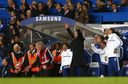 Jose Mourinho celebrates against Manchester City at Stamford Bridge.