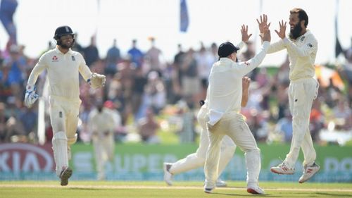 Moeen Ali celebrates dismissing Angelo Mathews