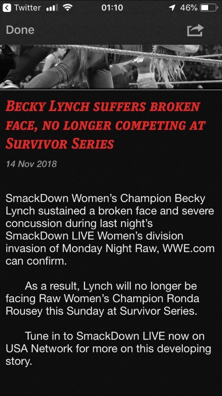 Becky Lynch won't be taking part in Survivor Series after all!