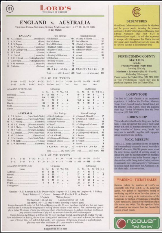 Scorecard of the 2009 Ashes at Lord&#039;s