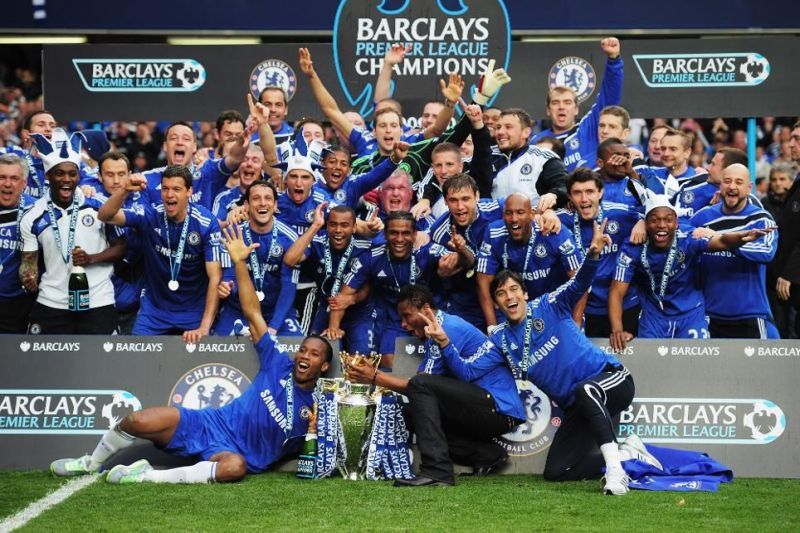Drogba celebrating Chelsea&#039;s 2010 title win