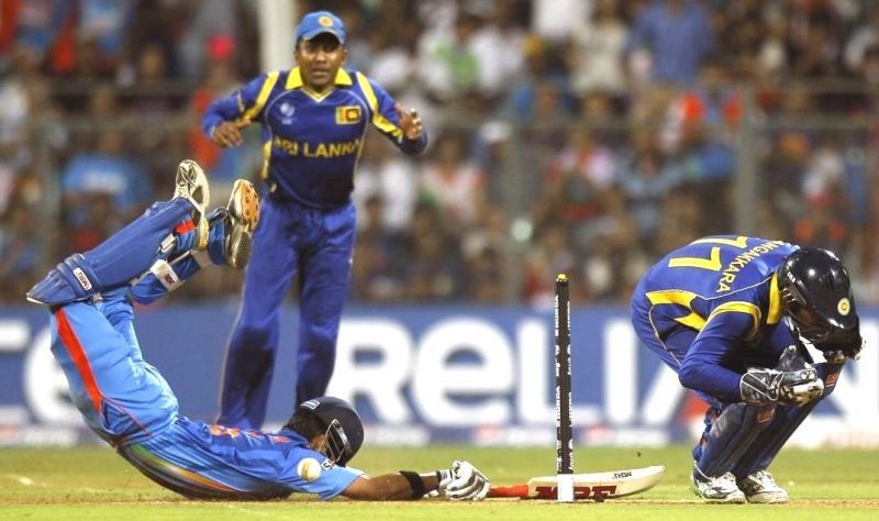 Gautam Gambhir making a desperate dive to save his wicket in the final of ICC Cricket World Cup 2011