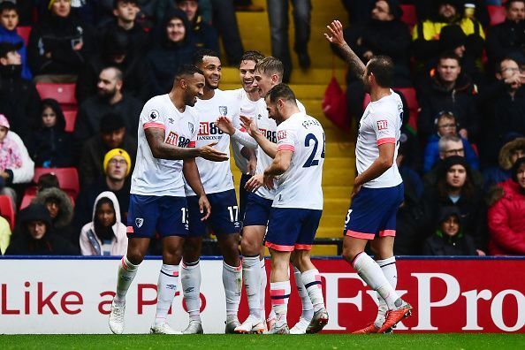 Bournemouth players celebrate during their 4-0 rout over Watford 