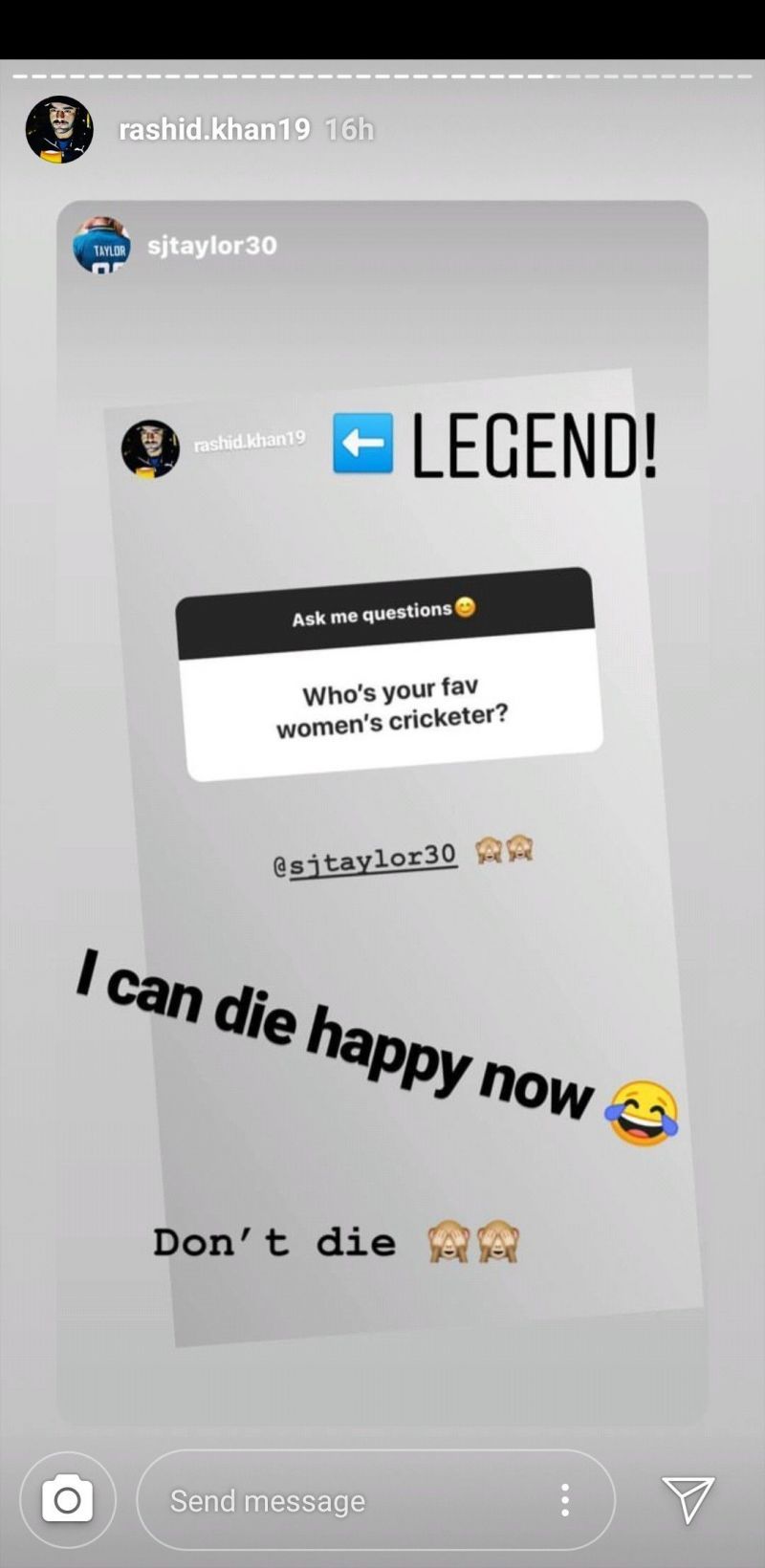 Rashid Khan and Sarah Taylor's Instagram stories