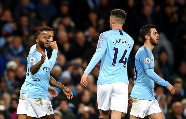 Sterling celebrates his eighth league goal this season during another memorable display