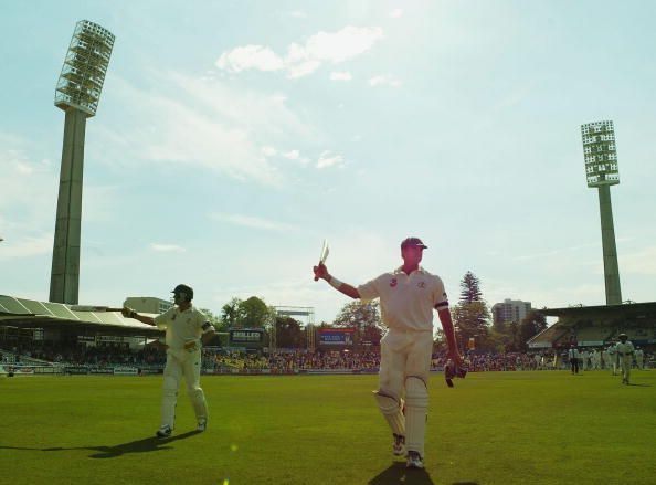 Matthew Hayden of Australia leaves the field after scoring a world record 380 runs in Perth.