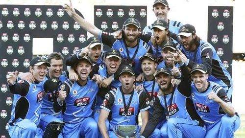 Adelaide Strikers with the Big Bash League trophy.