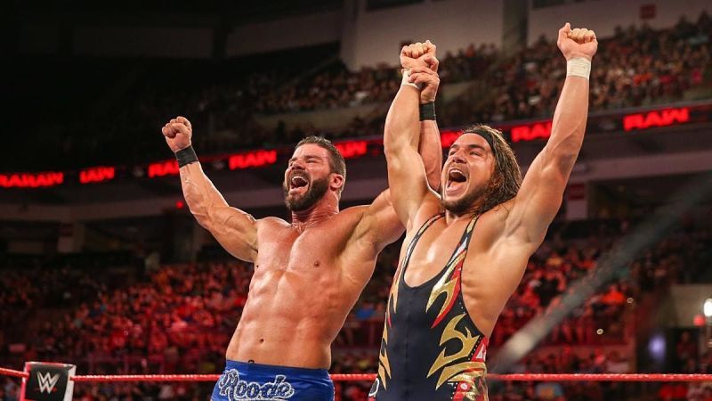 Bobby Roode and Chad Gable celebrate after a big win on Monday Nig RAW.