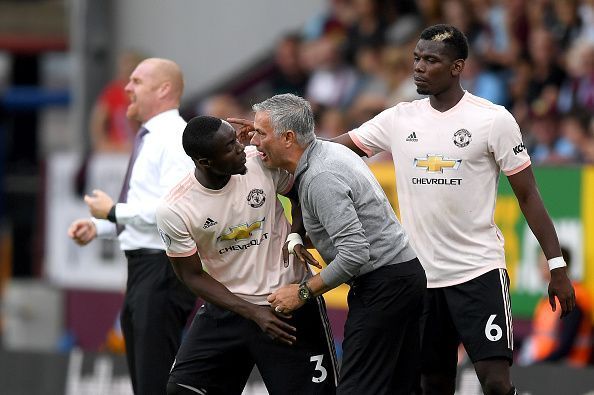 Jose and Bailly sharing a word against Burnley in the Premier League