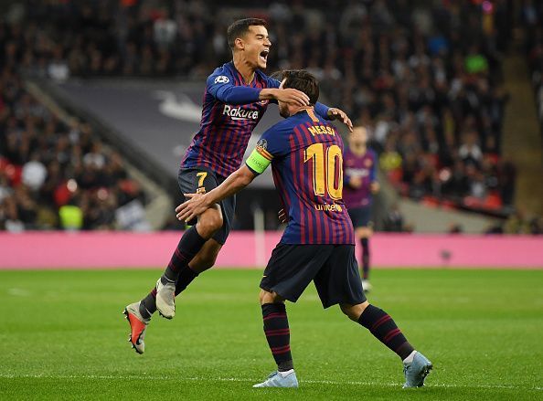 Phillipe Coutinho celebrating his goal against Tottenham (UCL Matchday 1)