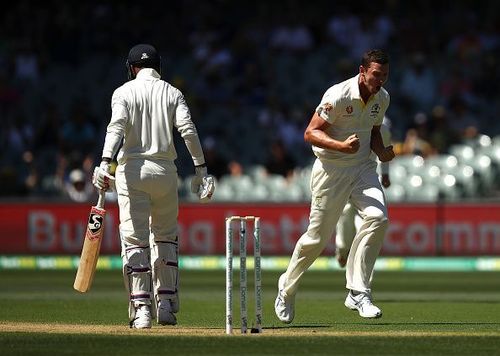 Josh Hazlewood celebrates after dismissin