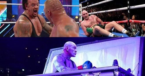 The Undertaker (top left) is famous for his trademark kip up where he 'comes back to life' after being knocked down by his opponent, and it was Tyson Fury (top right) who did something similar in his boxing match over the weekend