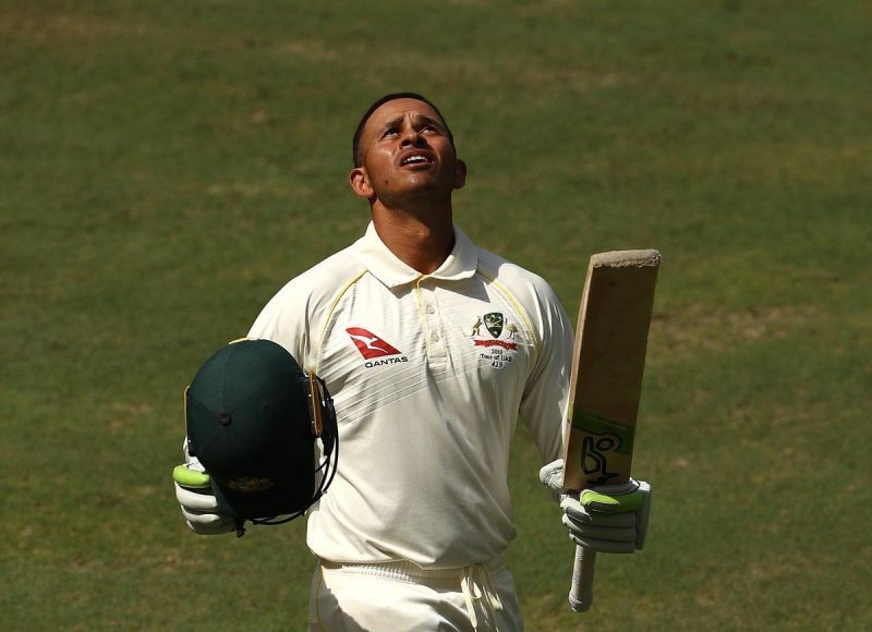 Usman Khawaja celebrates his hundred