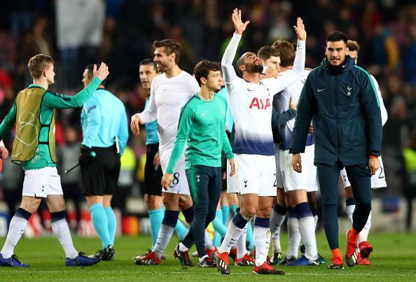 Tottenham players celebrate after Inter&#039;s draw against PSV seals their passage into the knockout rounds