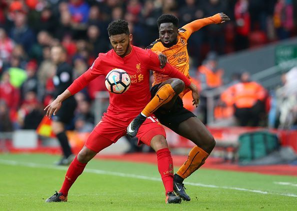 Joe Gomez battling for possession during last year's Fourth Round tie at Anfield