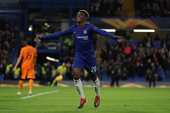 Hudson-Odoi celebrates his first senior Chelsea goal during their 4-0 Europa League win over PAOK