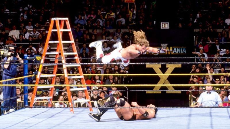 HBK performing the frog splash from the top of the ladder!