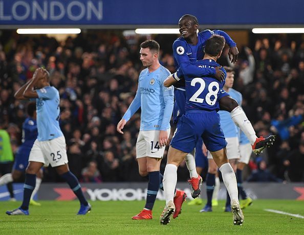 Kante celebrating his goal against City