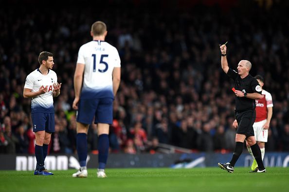 Vertonghen was sent off by the referee after a cynical foul on Lacazette at the 85th minute