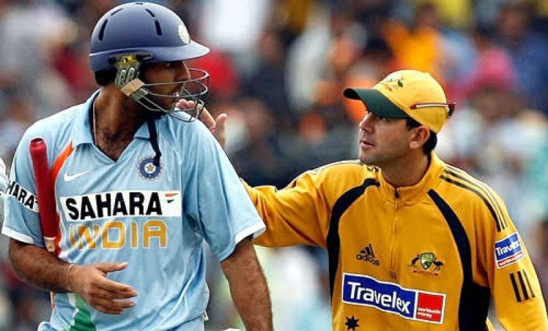 Ponting gives Yuvraj Singh a pat on his back as he walks out after scoring a lone warrior 121
