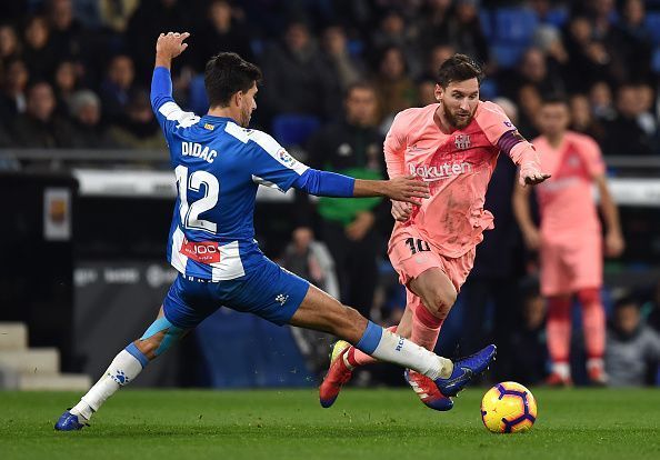 Stretch all you like, you cannot stop Messi by sticking a leg out. Didac Vila was at the receiving end of some insane turns and twists.