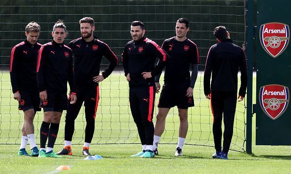 Hector Bellerin and Sead Kolasinac taking part in a training session