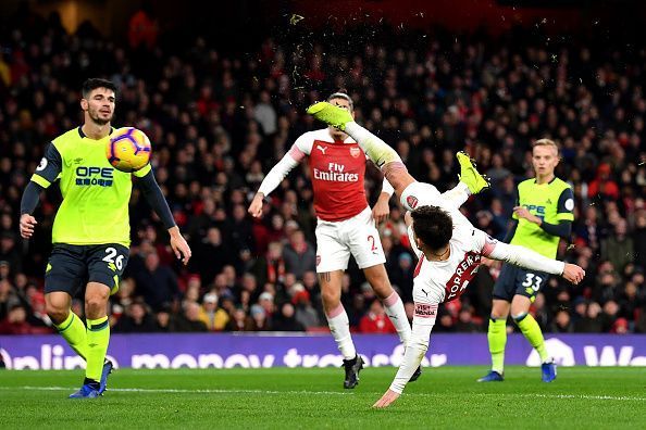 Lucas Torreira scores an acrobatic volley against Huddersfield in the PL on Saturday