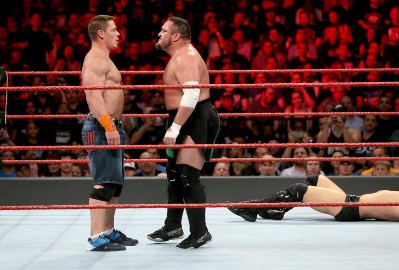 Samoa Joe and John Cena share an intense staredown