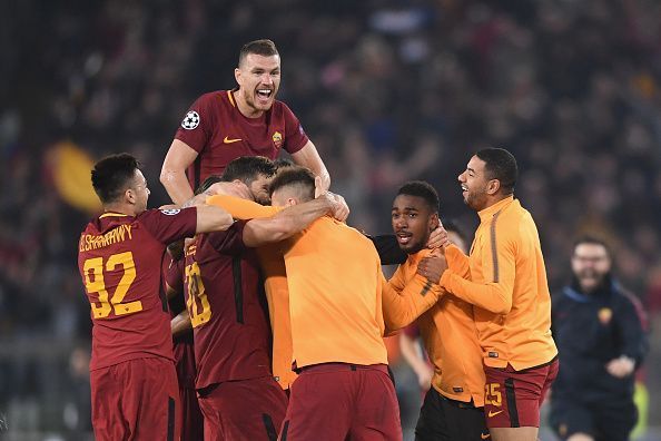 AS Roma players erupted in joy after their historic win vs FC Barcelona