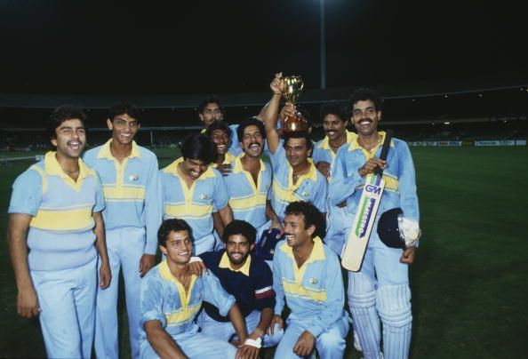 Indian team during the Benson and Hedges World Championship of 1985