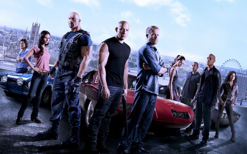 The Rock with the cast of the Fast and the Furious series